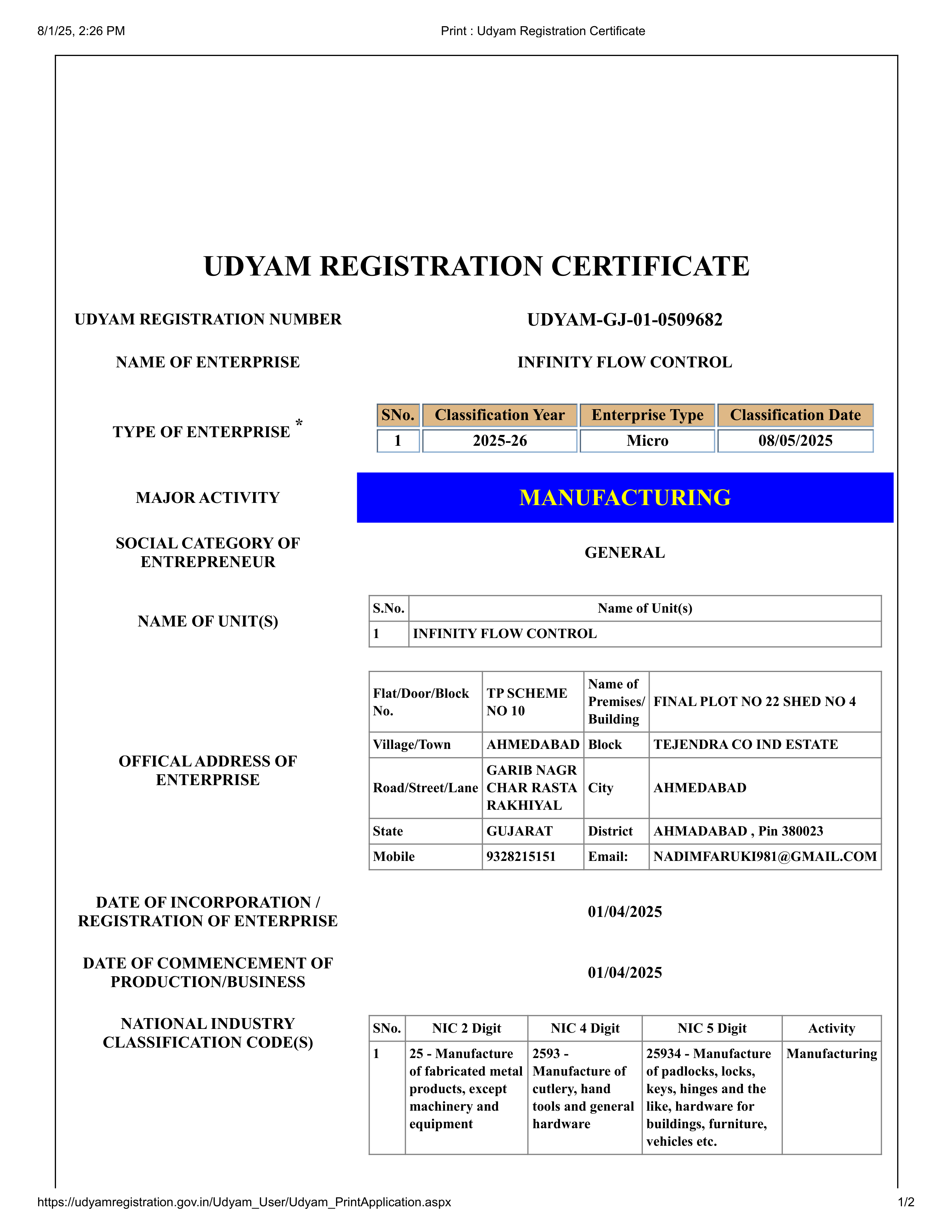 Udyam Registration Page 1